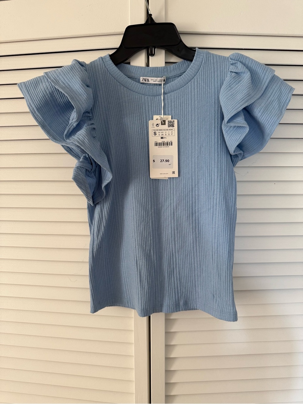 ZARA Pale Blue Ribbed Top with Crew Neck